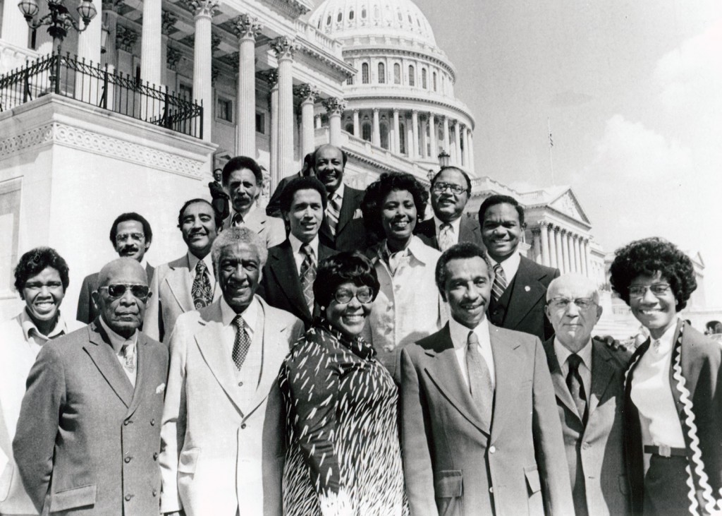 Parren Mitchell and 14 other members of the Congressional Black Caucus posed on the steps of the U.S. Capitol, 1977. Courtesy  National Archives and Records Administration/U.S. House of Representatives.