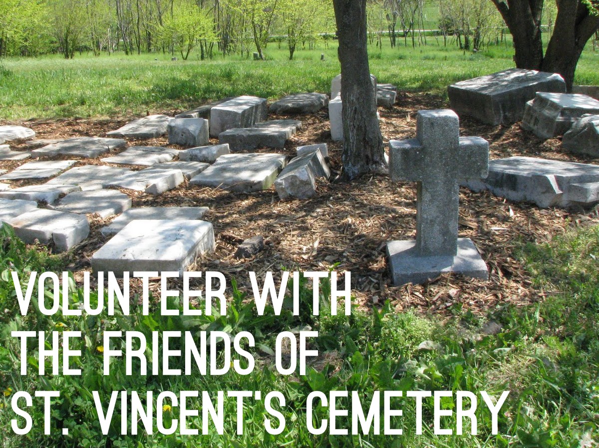 Image of white stone grave markers lying on the ground with overlaid text reading: "Volunteer with the Friends of St. Vincent's Cemetery"