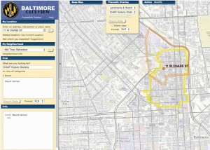 Step 3: Select "CHAP Historic Districts" from the Thematic Overlay menu. 11 West Chase Street is located within the Mount Vernon CHAP District. Properties within CHAP districts are eligible for local and state historic tax credits and are protected by the CHAP design review process.