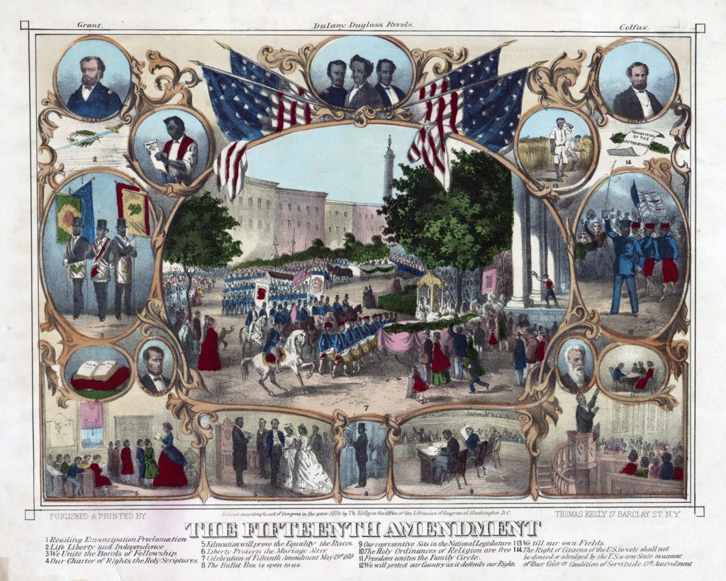 Print showing a parade of Black men in uniform past Mount Vernon Place. The central image is surrounded by portraits and vignettes of Black life, illustrating rights granted by the 15th Amendment.
