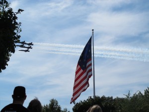 The navy stunt planes, the Blue Angels, pictured from the Smith and Armistead monuments on Federal Hill during the Star-Spangled Spectacular in September 2014