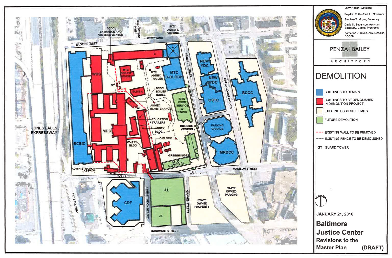 Buildings proposed for demolition in 2017 are marked in red. Courtesy Maryland Department of Corrections.