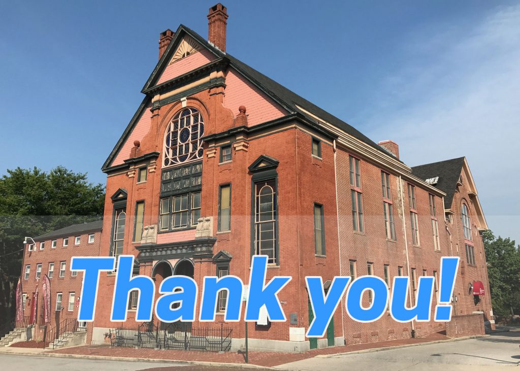 A red brick church overlaid with blue text reading "Thank you!"