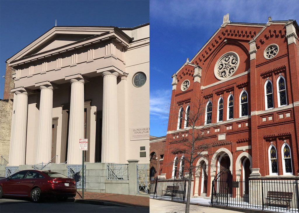 Side by side images of a painted synagogue with columns in front and an ornate brick synagoe with arched windows.